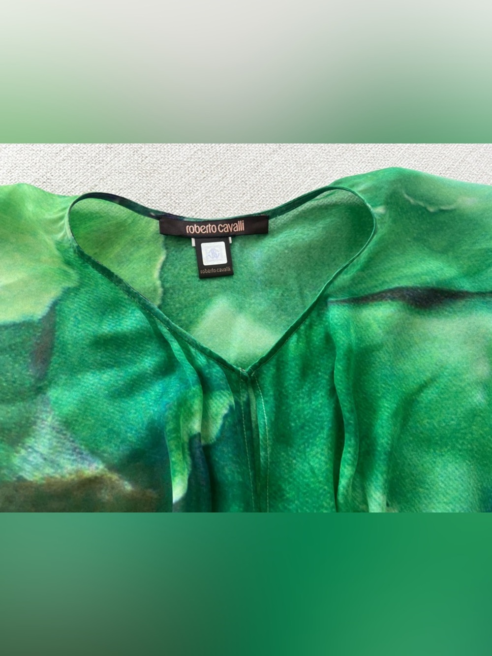 Roberto Cavalli Green Watercolor Green Silk Batwing Women’s Blouse Top Sz One Sz - Picture 7 of 17